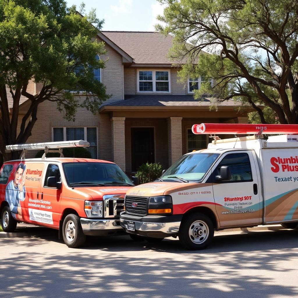Patriot Plumbing service trucks parked at a San Antonio home ready for plumbing repairs