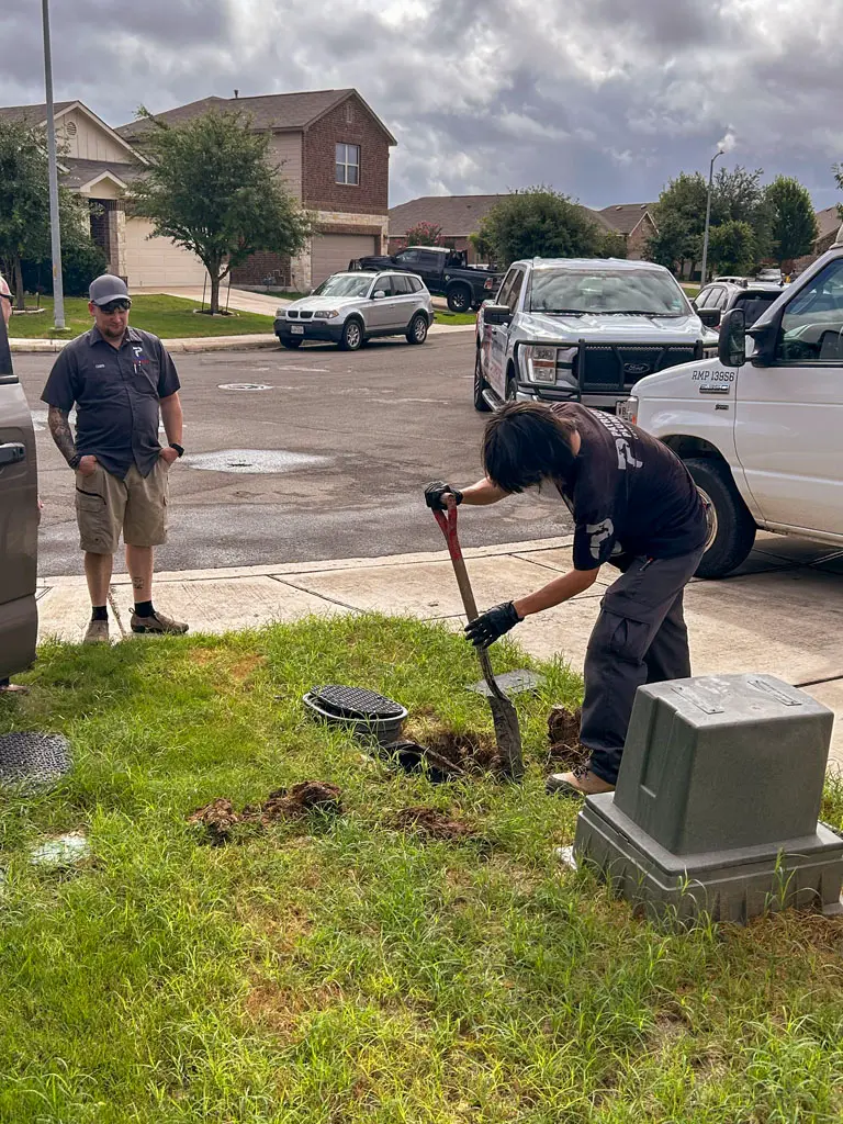 Patriot Plumbing technicians performing a preventative main water line inspection at a San Antonio TX residence